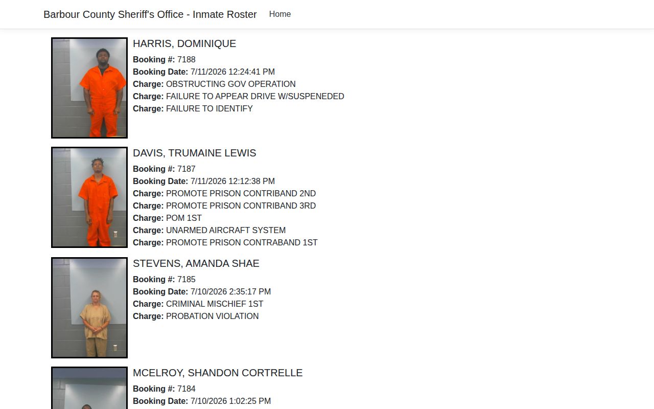 Barbour County Sheriff's Office current inmate roster with booking photos and booking details