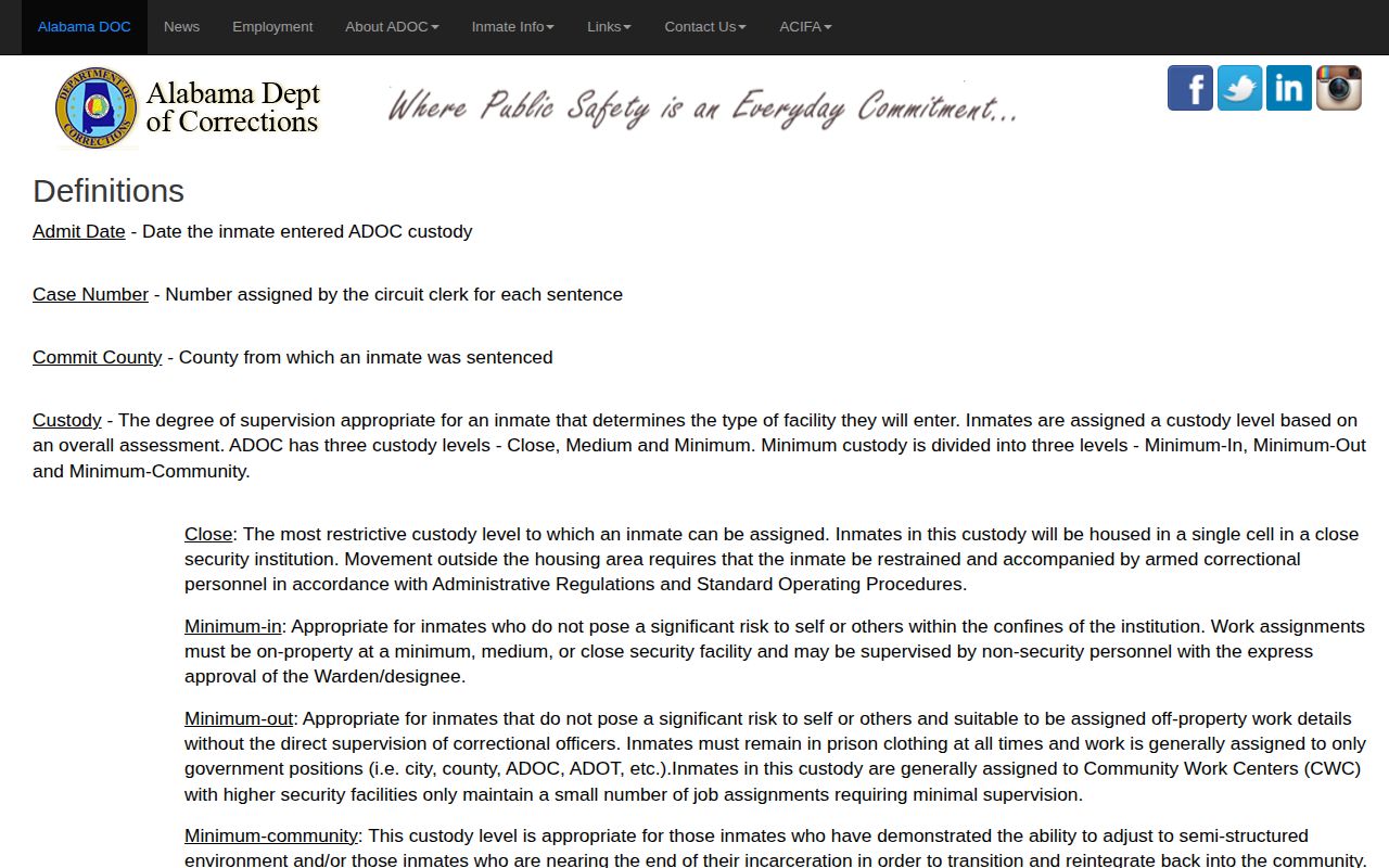 Barbour County projected release date ADOC definitions source