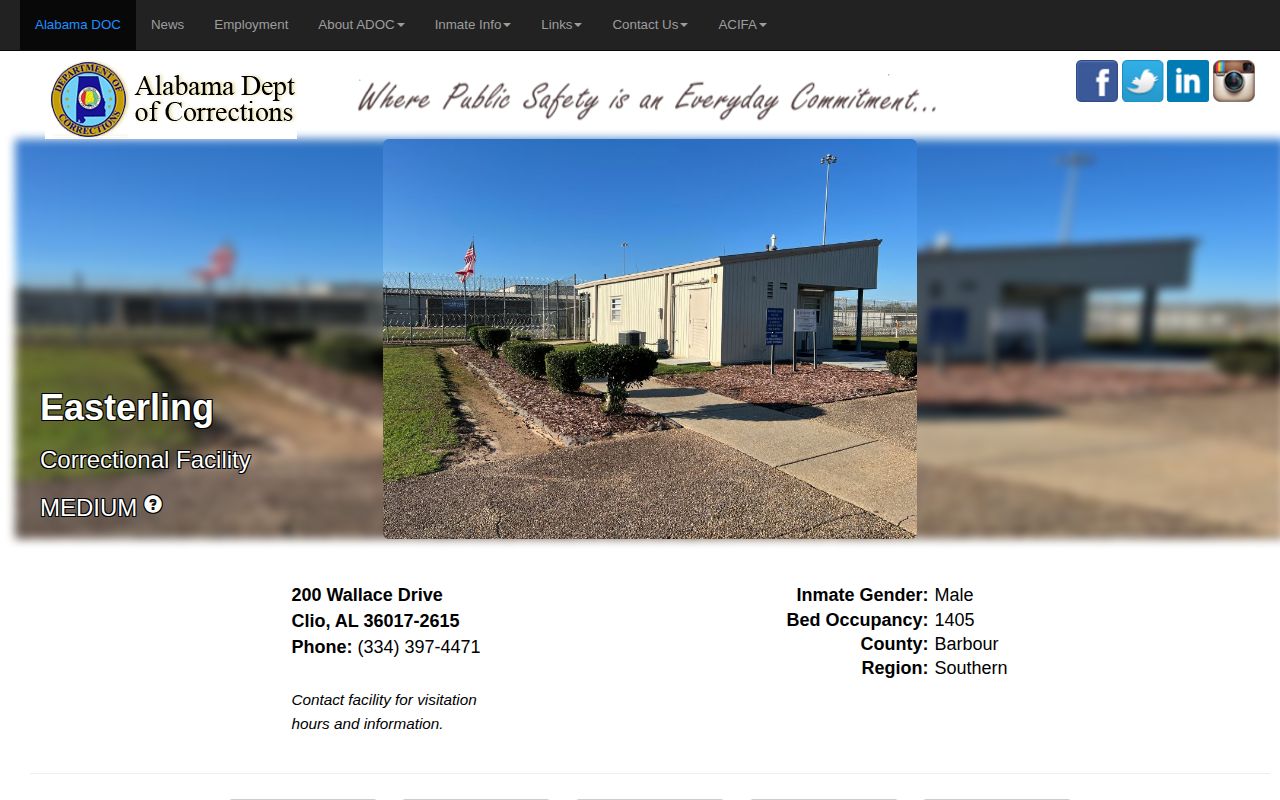 ADOC Easterling Correctional Facility page with prison details