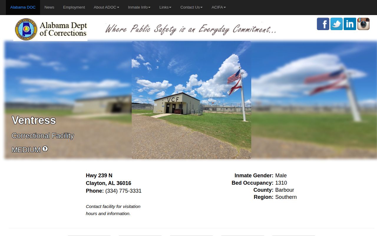 ADOC Ventress Correctional Facility page with facility details